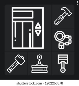 Set of 6 steel outline icons such as hammer, handcuffs, elevator, pistons