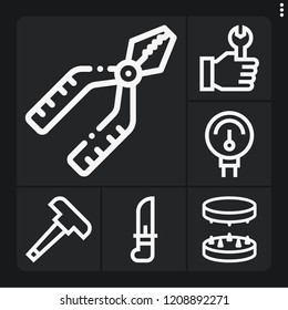 Set of 6 steel outline icons such as pliers, wrench, manometer, grinder, hammer