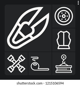 Set of 6 steel outline icons such as armour, crane, pipe, cross wrench, brake disc