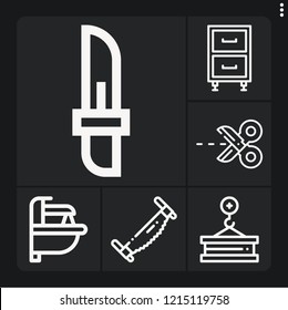 Set of 6 steel outline icons such as saw, cabinet, sink, scissors, crane
