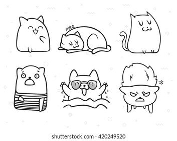 Set of 6 sticker doodle cats with different emotions handmade Isolated for design. Animals funny character