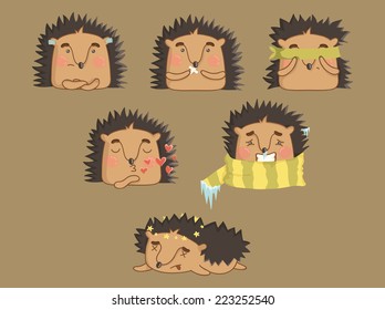 Set of 6 stickers with cute hedgehog. One of four. Hedgehog expresses different emotions