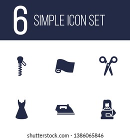 Set of 6 stitch icons set. Collection of scissors, iron, dress and other elements.