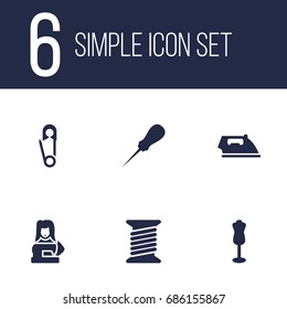 Set Of 6 Stitch Icons Set.Collection Of Bodkin, Mannequin, Flatiron And Other Elements.