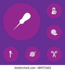 Set Of 6 Stitch Icons Set.Collection Of Clothier, Cutter, Fastener And Other Elements.