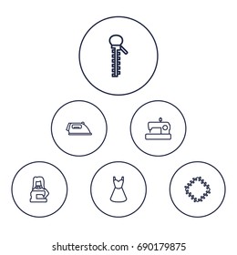 Set Of 6 Stitch Outline Icons Set.Collection Of Dress, Zipper, Sewing And Other Elements.