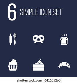 Set Of 6 Stove Icons Set.Collection Of Sweetmeat, Slice Bread, Whisk And Other Elements.