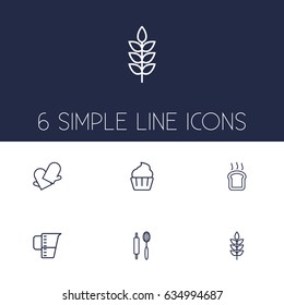 Set Of 6 Stove Outline Icons Set.Collection Of Cupcake, Wheat, Gloves And Other Elements.