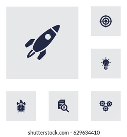 Set Of 6 Strategy Icons Set.Collection Of Goal, Document Checking, Gear And Other Elements.