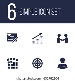 Set Of 6 Strategy Icons Set.Collection Of Writing, Startup Building, Money Growth And Other Elements.