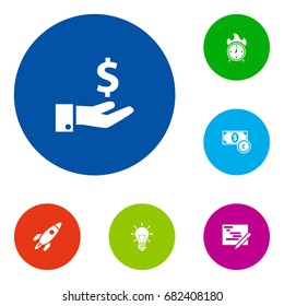 Set Of 6 Strategy Icons Set.Collection Of Time In Fire, Sponsor, Rocket And Other Elements.