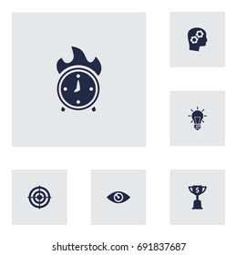 Set Of 6 Strategy Icons Set.Collection Of Goal, Vision, Time In Fire And Other Elements.