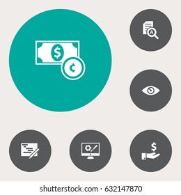 Set Of 6 Strategy Icons.Collection Of Currency, Document Checking, Vision And Other Elements.