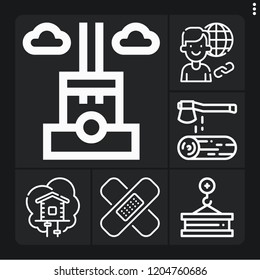 Set of 6 structure outline icons such as wood, crane, chimney, connection, plaster