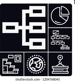 Set of 6 structure outline icons such as chart, stairs, crane, worldwide, connection