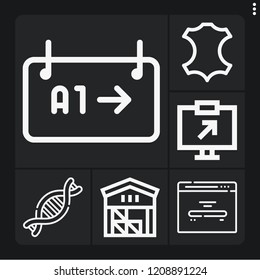 Set of 6 structure outline icons such as leather, warehouse, gate, home page, dna