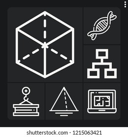 Set of 6 structure outline icons such as triangle, cube, house plan, crane, chart