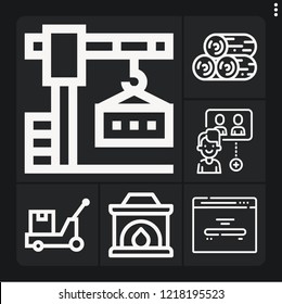 Set of 6 structure outline icons such as wood, logistics, crane, home page, chimney