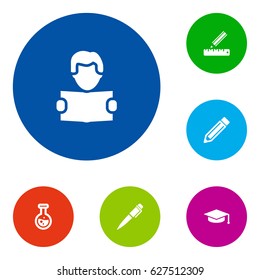 Set Of 6 Studies Icons Set.Collection Of Flask, Reading, Academic Hat And Other Elements.