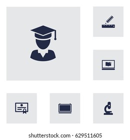 Set Of 6 Studies Icons Set.Collection Of Microbiology, Diplomaed Male, Notebook And Other Elements.
