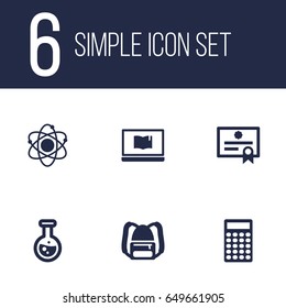 Set Of 6 Studies Icons Set.Collection Of Flask, Certificate, Molecule And Other Elements.