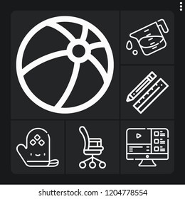 Set of 6 studio outline icons such as office chair, design, liter, video, kitchen glove