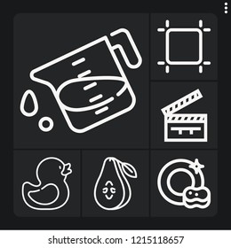 Set of 6 studio outline icons such as pear, dish, artboard, rubber duck, liter