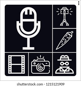 Set of 6 studio outline icons such as camera, chili pepper, spotlight, invisible man, film