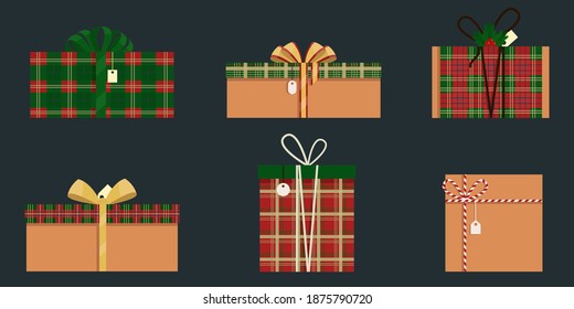 Set of 6 stylish holiday boxes. Christmas and New year design. Holiday surprise gift. Christmas background