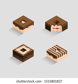 Set of 6 stylish isometric original donuts on grey background. Isolated elements. Original donuts with chocolate and vanilla flavor.