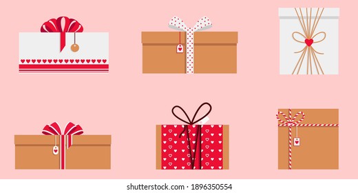 Conjunto de 6 elegantes cajas de regalo de San Valentín. Los vectores adoran los símbolos en forma de corazón. Fondo rosa. Diseño romántico