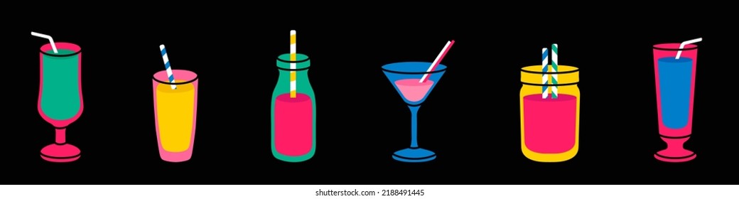 Set of 6 summer cocktails in flat style. Vector simple illustration with non-alcoholic and alcoholic drinks in different glasses. Popular cocktails for menu design, posters, brochures for cafe, bar.