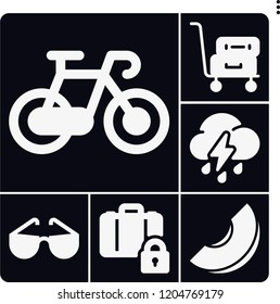 Set of 6 summer filled icons such as melon, bike, thunderstorm, luggage