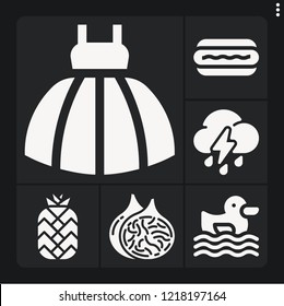 Set of 6 summer filled icons such as fig, pineapple, thunderstorm, ugly duckling, hot dog