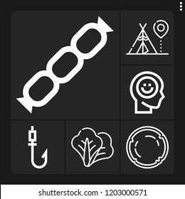Set of 6 summer outline icons such as coconut, sausage, happiness, fishing rod, hangout