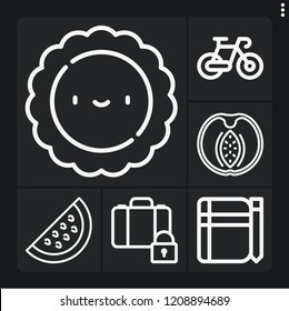 Set of 6 summer outline icons such as peach, watermelon, bike, luggage, sketch