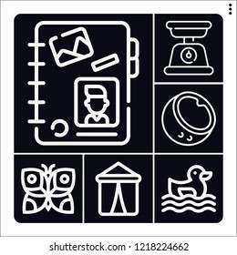 Set of 6 summer outline icons such as tent, coconut, ugly duckling, friend, balance