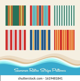 Set of 6 summer retro striped patterns similar to stripes of awnings, deck chars and beach towels.  For backgrounds, fabric, wallpaper.