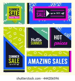 Set of 6 summer sale banners. Memphis geometric pattern inspired sales templates. 80s and 90s fashion designs discount tags.