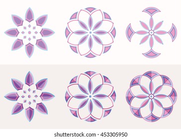 Set of 6 symmetric geometric shapes. Abstract vector symbols.