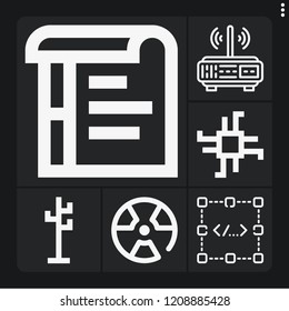 Set of 6 system outline icons such as radiation, router, coding, rack