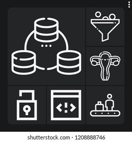Set of 6 system outline icons such as filter, conveyor, coding, fallopian tube, padlock