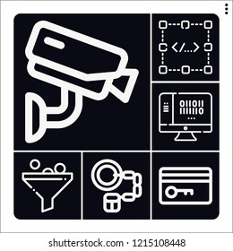Set of 6 system outline icons such as handcuffs, filter, coding, binary, key card