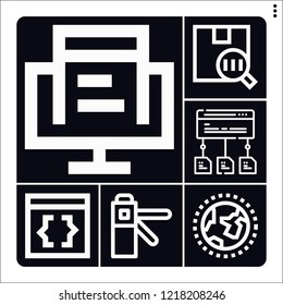 Set of 6 system outline icons such as access, worldwide, barcode, data flow