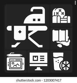Set of 6 table filled icons such as graphic tablet, sofa, computer, barrel, ironing board