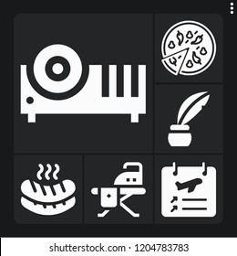 Set of 6 table filled icons such as inkwell, pizza, departures, projector, ironing board