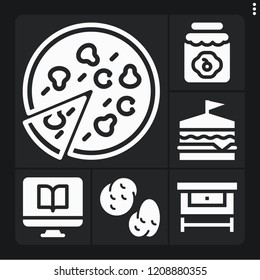 Set of 6 table filled icons such as pizza, potatoes, computer, workbench, sandwich