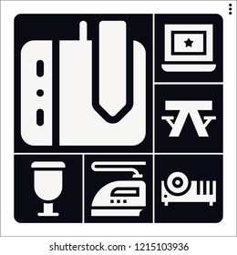 Set of 6 table filled icons such as cup, drawing tablet, projector, iron, picnic table