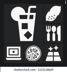 Set of 6 table filled icons such as potato, pizza, floor, lemonade, laptop
