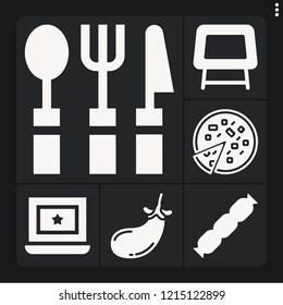 Set of 6 table filled icons such as pizza, eggplant, table, sausage, cutlery